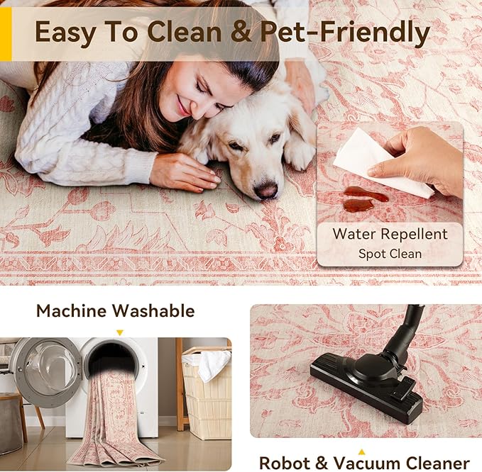 RELEANY Washable Area Rug, Water Repellent, Pet Friendly, Vintage Floral Boho - Image 5