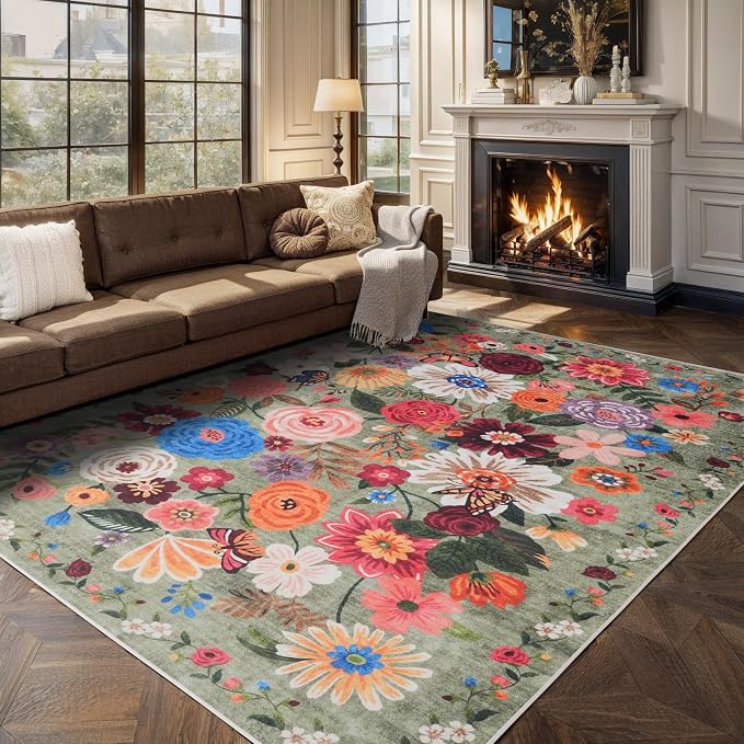 Floral Area Rugs 5x7 for Bedroom Livingroom Green Non-Slip | Ultra-Thin Soft - Image 6