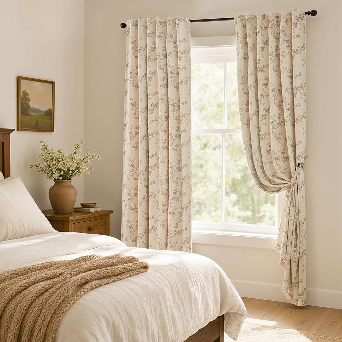 Blackout Vintage Floral Linen Curtains Taupe on Beige 50×84 2 Panels | Elisa - Image 6