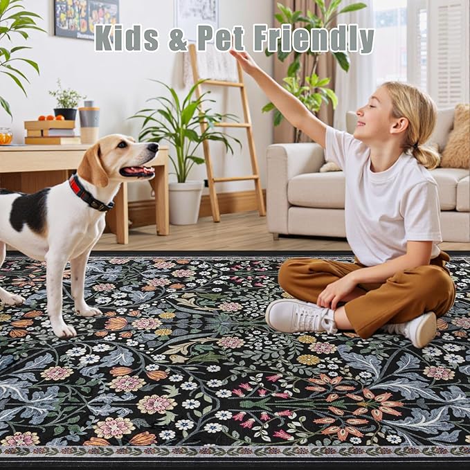 PLHXFR 2.6x10 Washable Runner Rug：Floral Indoor Kitchen Carpet Dark Black | - Image 6
