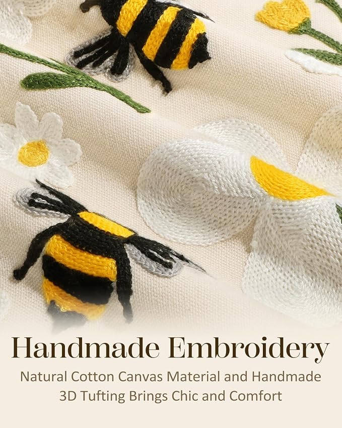 Embroidered Throw Pillow Covers 18x18 Inch, Flower Bee | Decorative Pillow - Image 2