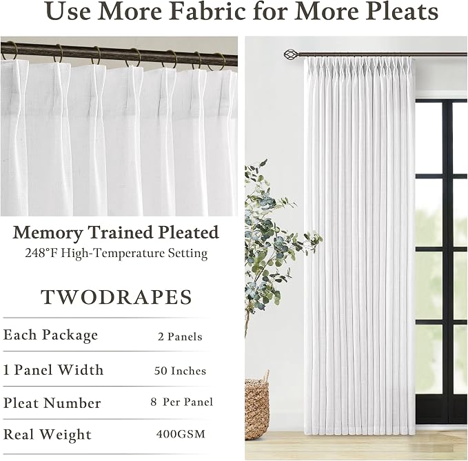 92 Inches White Linen Pinch Pleated Semi Sheer Boho Curtains 50 Inch Wide | - Image 5