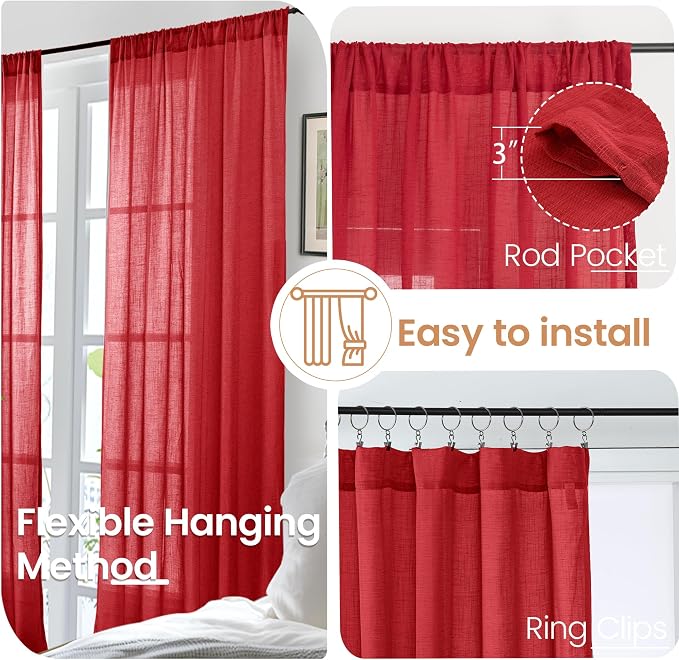 BGment Red Linen Curtains 72 Inches Long - Image 6