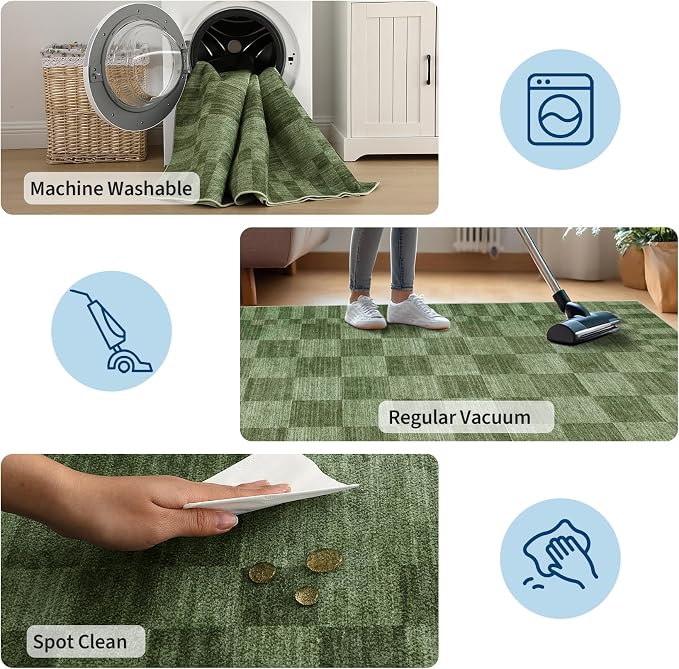 GarveeHome Moss Green Checkered Rug 6x9 Area Rugs Living Room Washable Rug | - Image 8
