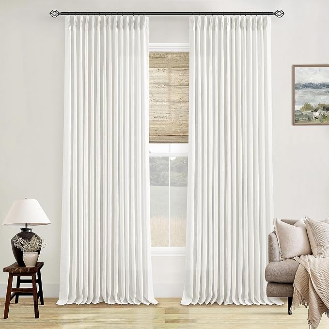 Beige White Pinch Pleated Linen Curtains 132 Inches Long 2 Panels | 400GSM by Twodrapes