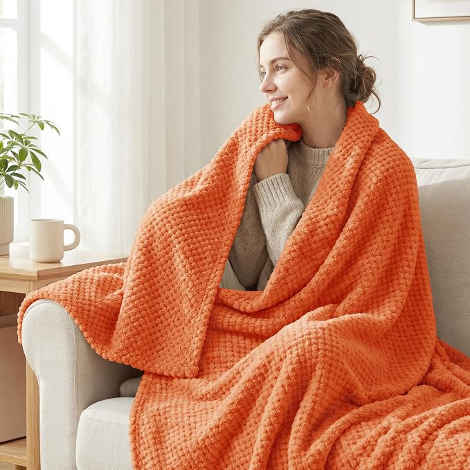 Exclusivo Mezcla Soft Waffle Fleece Bed Blanket Twin Size, Burnt Orange | - Image 2