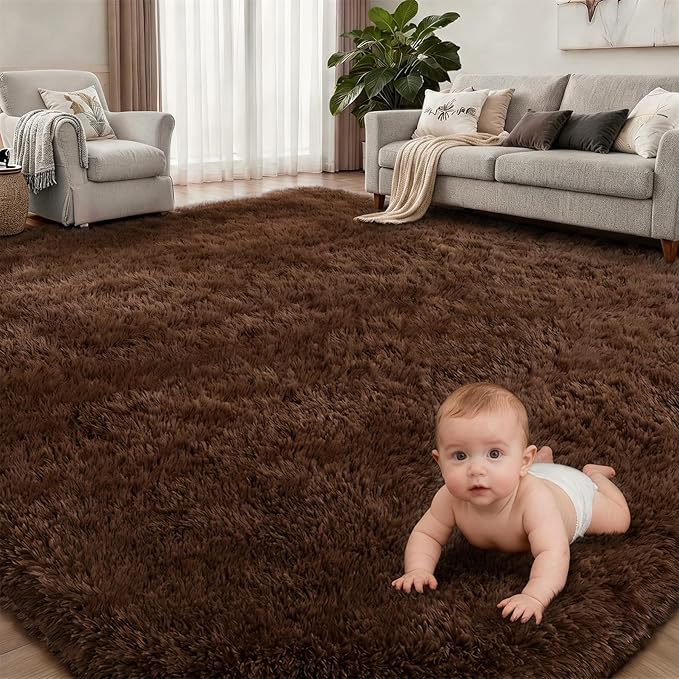 9x12 Area Rug Living Room Bedroom: Fluffy Plush Shag Carpet Brown | - Image 2