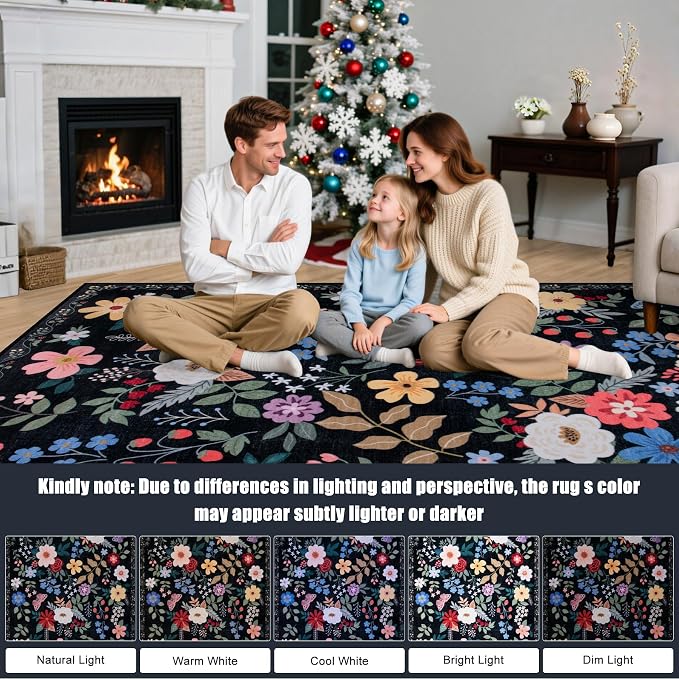 PLHXFR Area Rug Living Room: 4x6 Floral Washable Boho Soft Carpet Black | - Image 9
