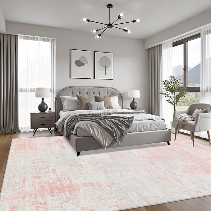 10x12 Area Rug Living Room: Modern Washable Soft Carpet Pink White | - Image 3