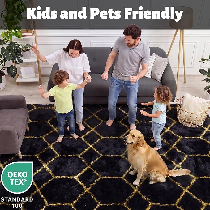 8x10 Area Rugs for Living Room, Fluffy Black and Gold Bedroom Geometric Rug | - Image 3