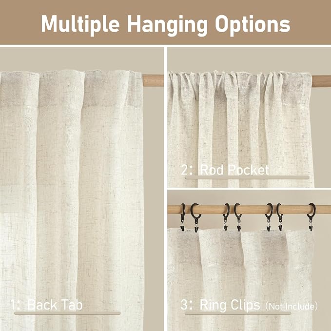 Natural Linen Blended Curtains for Living Room 120 Inch Semi Sheer | Light - Image 2