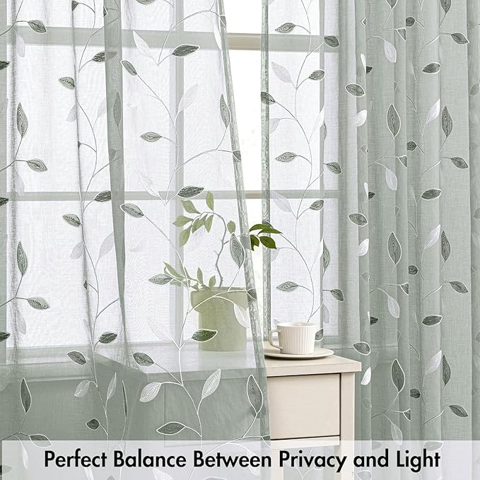 MIULEE Sage Sheer Curtains 2 Panels Embroidered Leaf Patterned, W52 x L63 | - Image 5
