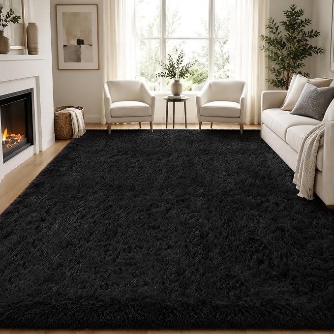 PLHXFR 9x12 Area Rugs Living Room: Fluffy Bedroom Rug Shag Carpet Black | by PLHXFRSoftAreaRugs