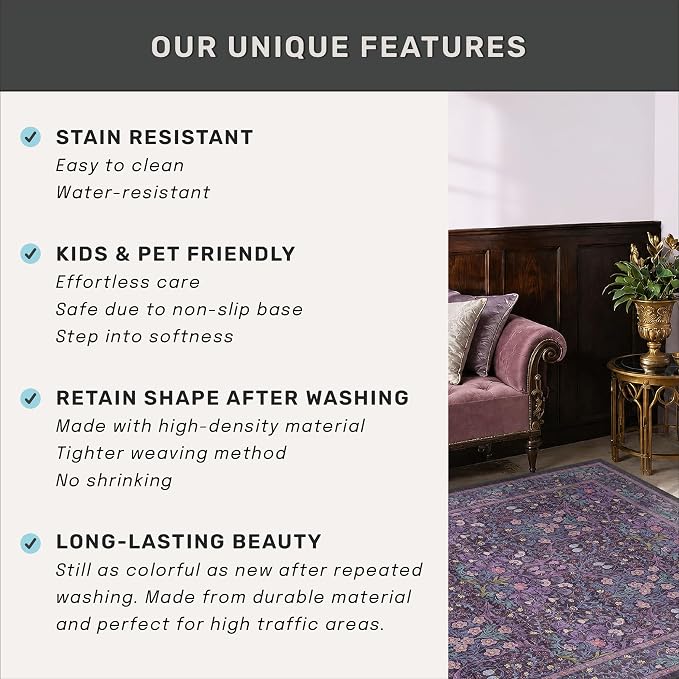 Washable Violet 5x7 Area Rug for Living Room, Vintage Dark Purple Dining Room - Image 6