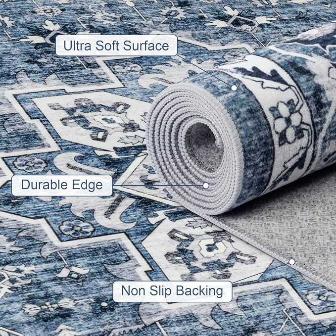 Round Area Rug for Living Room: 8ft Washable Rug for Bedroom Blue | Vintage - Image 6