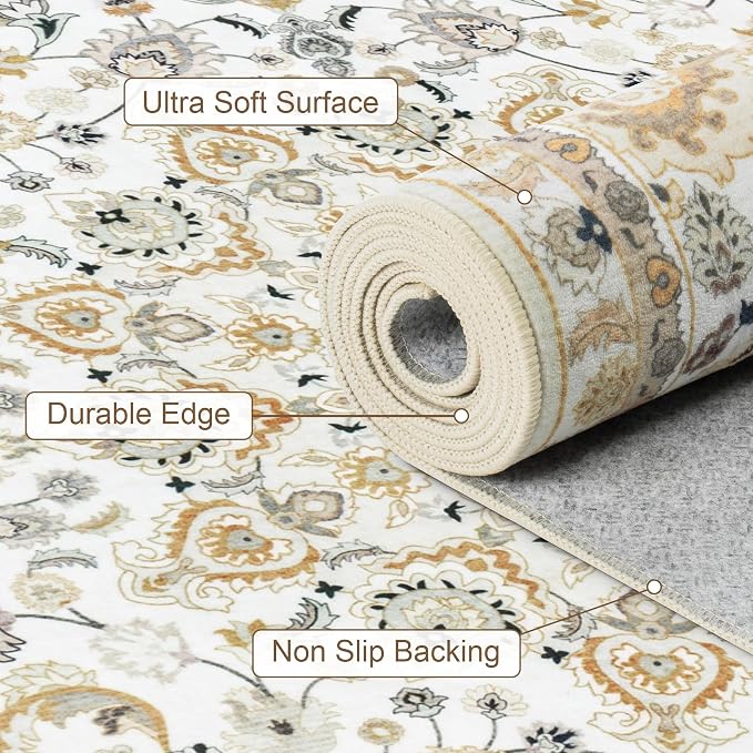 Round Area Rug for Living Room: 8ft Washable Rug for Bedroom Beige | Vintage - Image 6