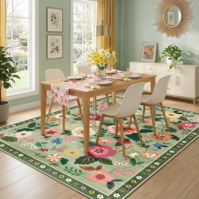 RELEANY Floral Washable 8x10 Area Rugs LightGreen | Flower Carpet Print Boho - Image 8