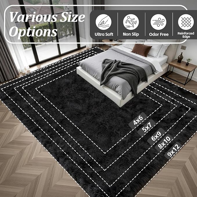 9x12 Area Rug Living Room Bedroom: Fluffy Plush Shag Carpet Black | - Image 9