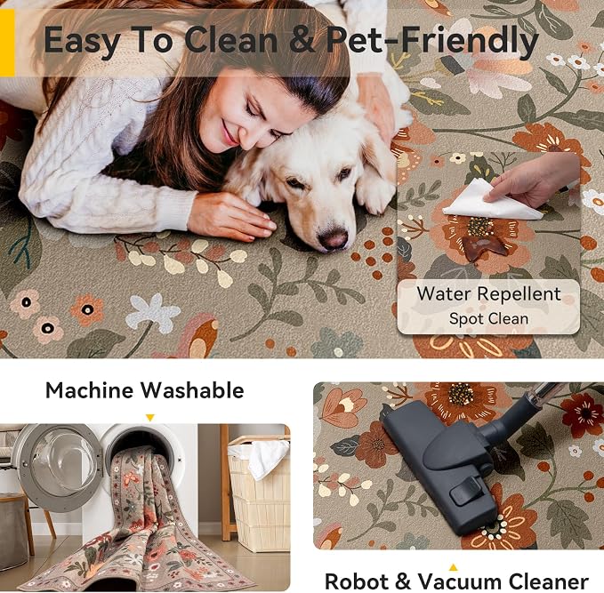 RELEANY Floral Washable 6x9 Area Rugs Brown/Brick | Flower Carpet Print Boho - Image 5