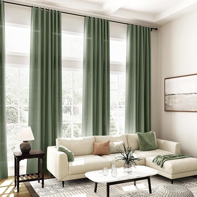 Olive Green Linen Blend Semi Sheer Curtains 102 Inches Long x 60 Inches Wide - Image 6