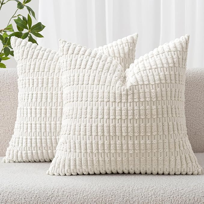 MIULEE Corduroy Decorative Throw Pillow Covers 18x18 Pure White Pack of 2 | by MIULEE