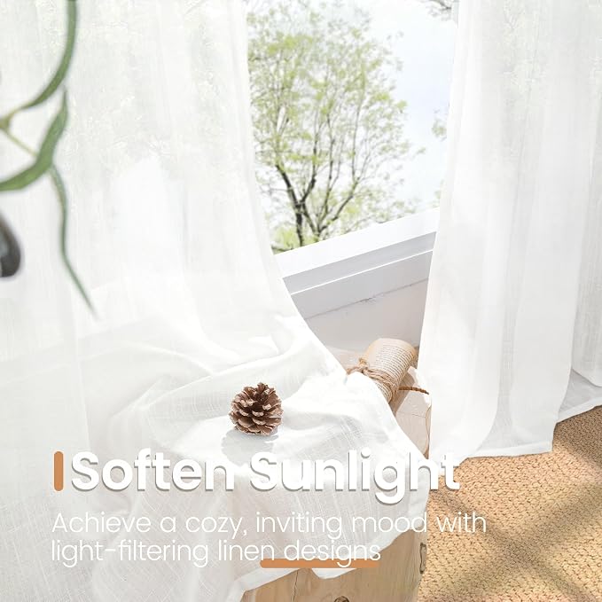 BGment White Linen Cafe Curtains 36 Inch Length, Small Drapes Semi Sheer - Image 4