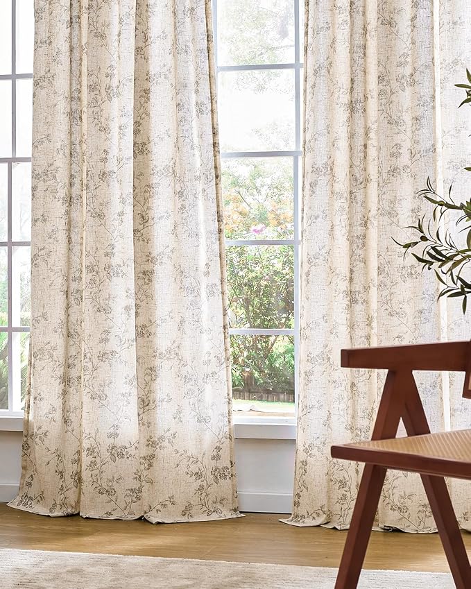 Grey Vintage Floral Linen Curtains Farmhouse 38W X 90L 2 Panels | Elisa Series - Image 7