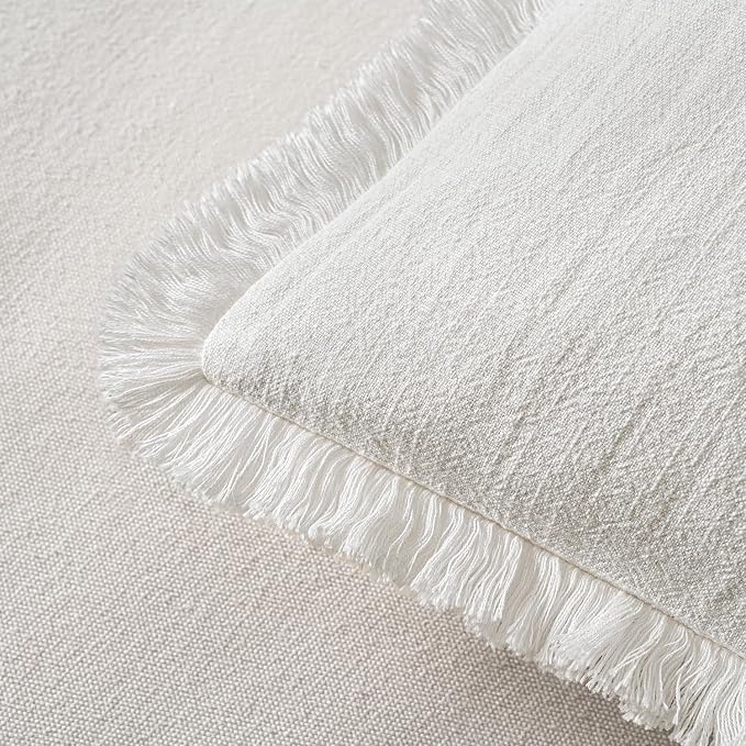 MIULEE Boho Linen Fringe Decorative Euro Throw Pillow Covers White 22x22 | Set - Image 3