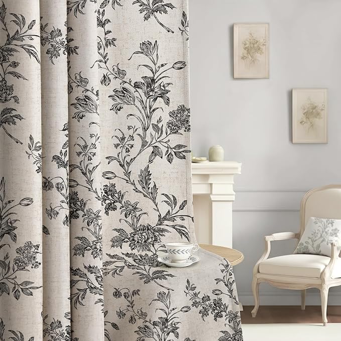 Black Boho Floral 100% Blackout Curtains 84 Inch 2 Panels | Farmhouse Vintage by Unknown
