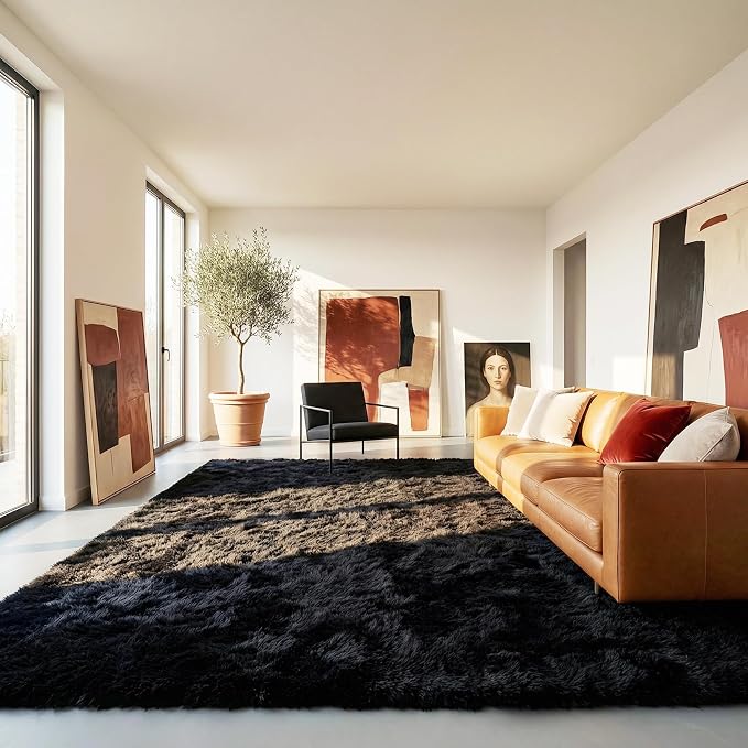 4x6 Ft Fluffy Bedroom Rugs Black Neutral Living Room Area Rug Shaggy Carpet | - Image 9