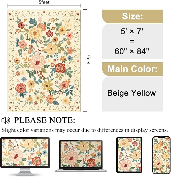 DUKINO 5x7 Area Rug Floral Washable Living Room Rug Non Slip Beige Yellow | Soft - Image 2