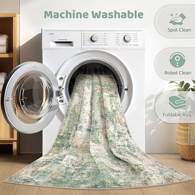 LOONGRUG 3x5 Rug Machine Washable Neutral Modern Abstract Soft Rug Green | - Image 2