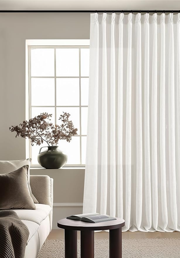 Beige White Pinch Pleat Semi Sheer Linen Curtain W70xL90 1 Panel | Light - Image 9