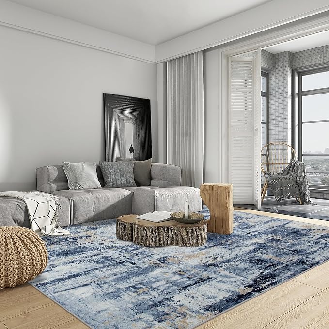 5x7 Area Rugs for Living Room: Washable Abstract Blue Gold Badroom Carpet | - Image 3