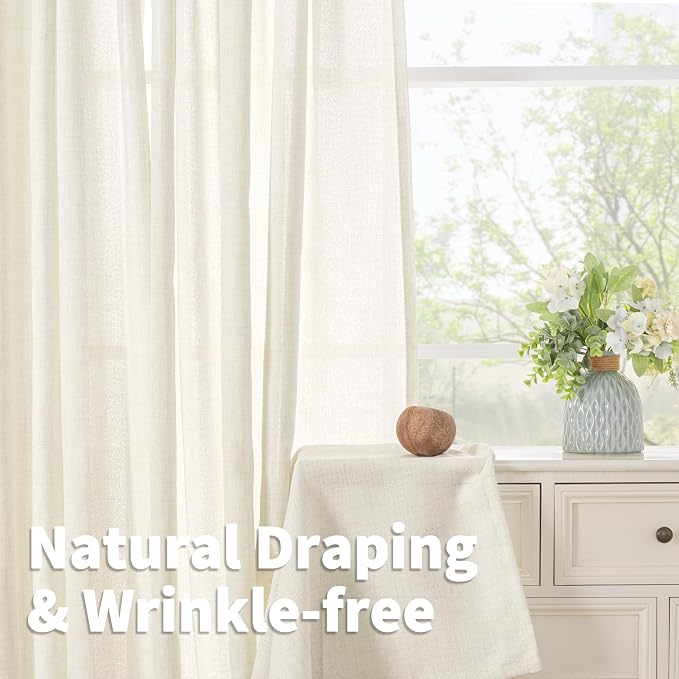 YoungsTex Ivory Linen Semi Sheer Curtains 52X68 Inch Length 2 Panels | Light - Image 5