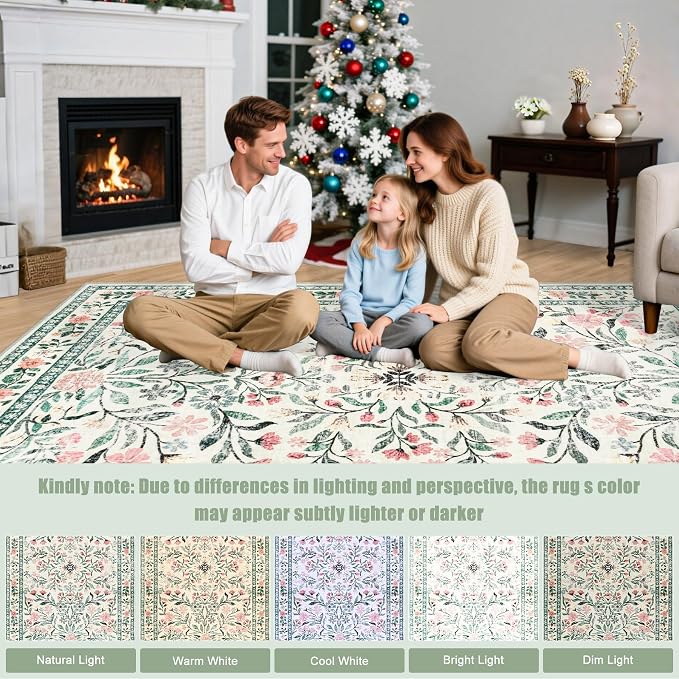 PLHXFR Round Area Rug Living Room: 4 ft Floral Washable Carpet Green Beige | - Image 9