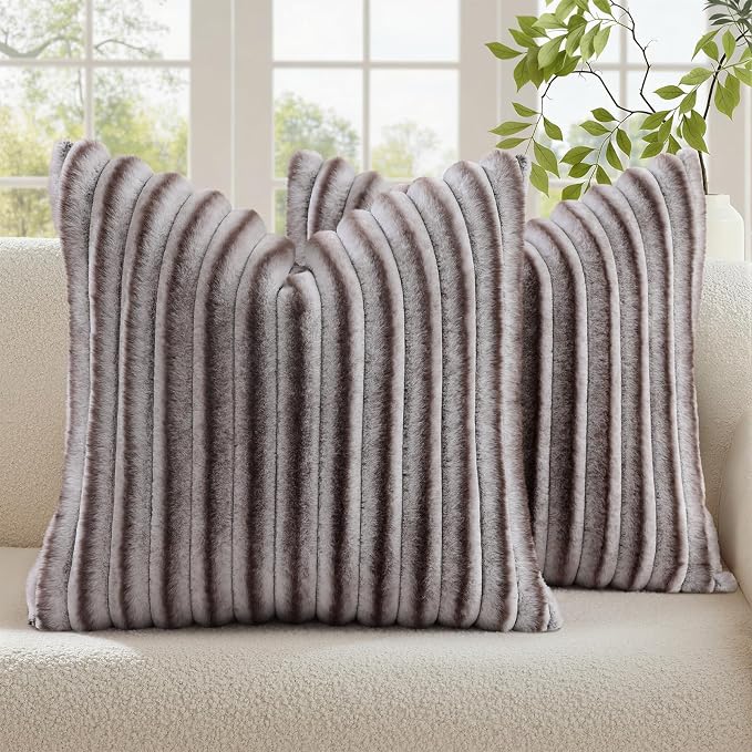 decorUhome Fall Faux Fur Throw Pillow Covers 26x26 Set of 2 Brown White | by decorUhome