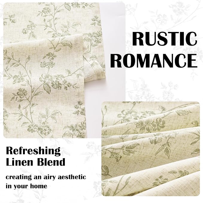 Green Vintage Floral Linen Curtains Farmhouse 50W X 84L 2 Panels | Elisa Series - Image 4