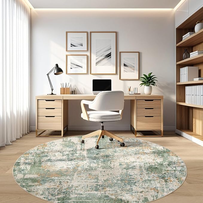 LOONGRUG Round Rug 7x7 Washable Large Neutral Modern Area Rugs Green | Abstract - Image 7