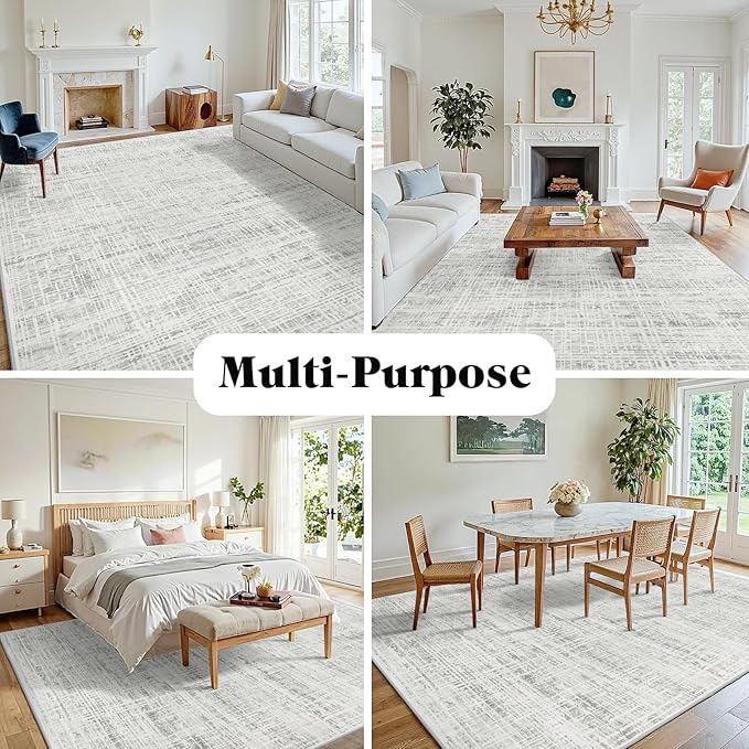 8x10 Washable Area Rug for Living Room Bedroom: Non-Slip Modern White Gray | - Image 3