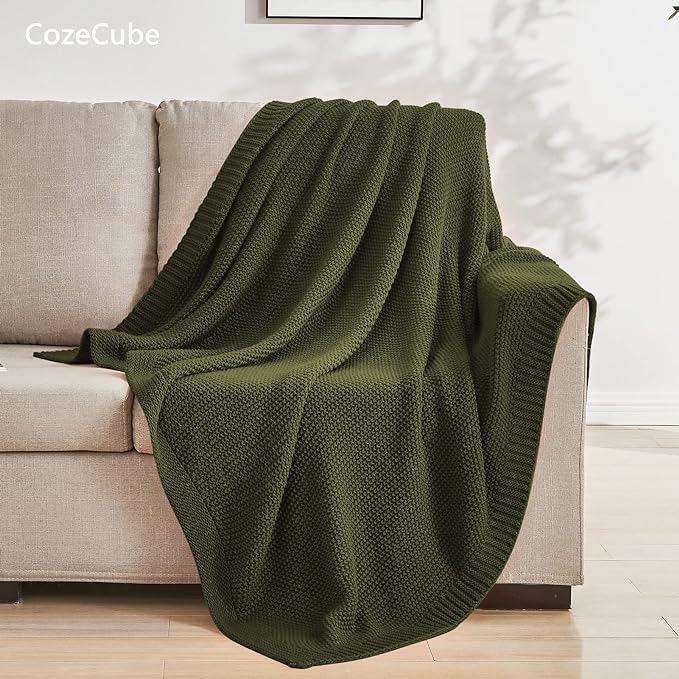 CozeCube Olive Green Seed Stitch Throw Blanket 60"x80", Farmhouse Decor | - Image 4