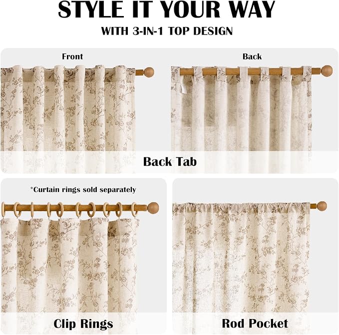 Taupe Vintage Floral Linen Curtains Farmhouse 50W X 84L 2 Panels | Elisa Series - Image 4