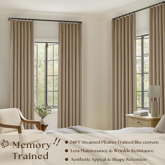 Light Brown Blackout Pinch Pleat Linen Curtains 105 Inches Long - Image 4