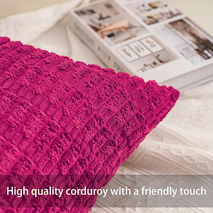 Pack of 2 Corduroy Decorative Throw Pillow Covers 24x24 Inch, Rose Red | Fall - Image 2
