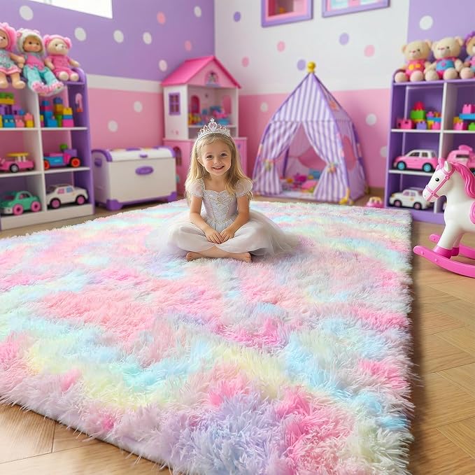 Amdrebio Rainbow Unicorn Pastel Shag Area Rug 5x7 - Image 7