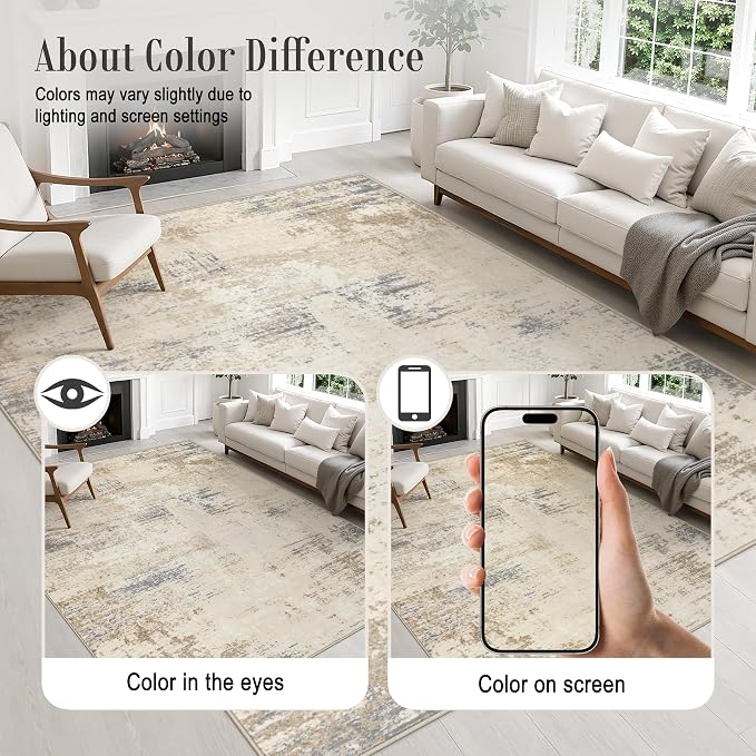8x10 Area Rug Living Room: Modern Washable Soft Carpet Beige Brown | - Image 5