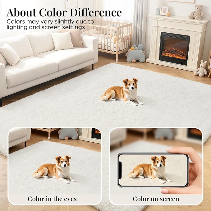 PLHXFR 5x7 Area Rugs Living Room: Fluffy Bedroom Rug Shag Carpet White | - Image 6