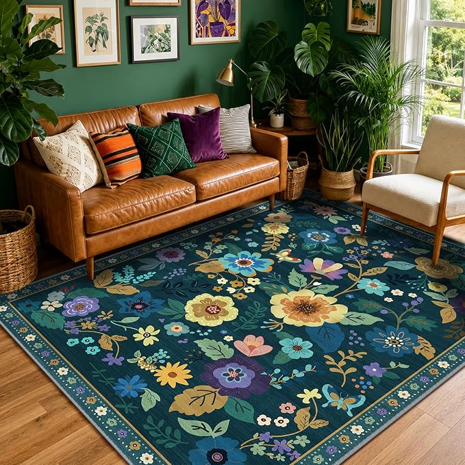 RELEANY Floral Washable 6x9 Area Rugs Teal/Purple | Flower Carpet Print Boho by RELEANY