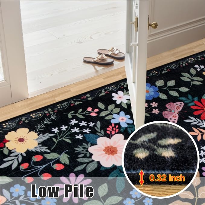 PLHXFR 2x3 Small Entryway Rug: Floral Washable Indoor Soft Carpet Black | - Image 8