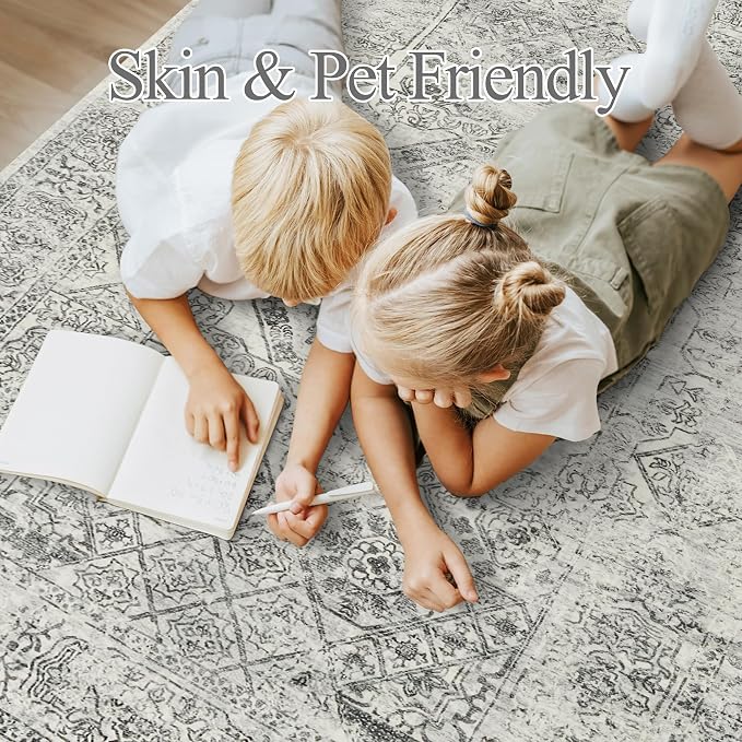 Soalmost 5x7 Area Rugs Light Gray Washable Trendy Faded Style Floral Rugs | - Image 6